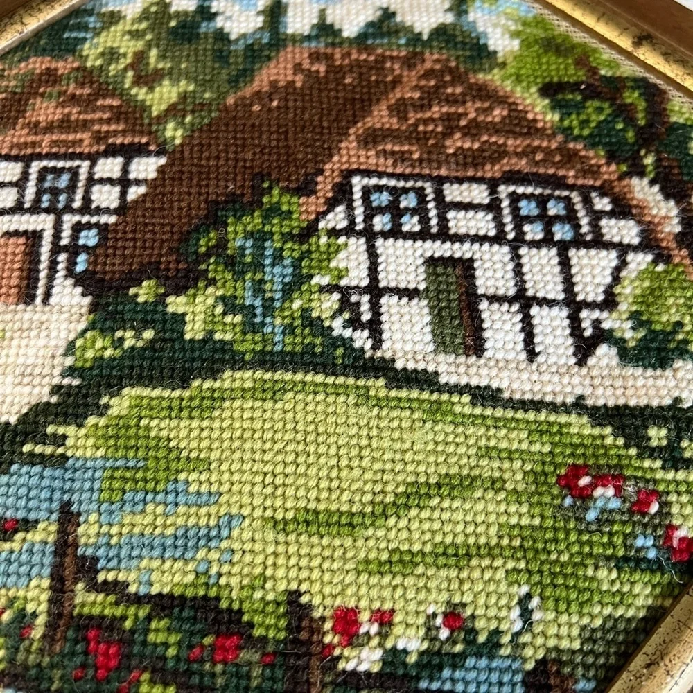 Vintage Gobelin Needlepoint Cottage Picture 12”